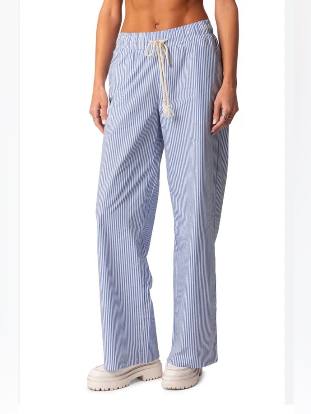 Edikted Stripe Wide Leg Drawstring Cotton Pants